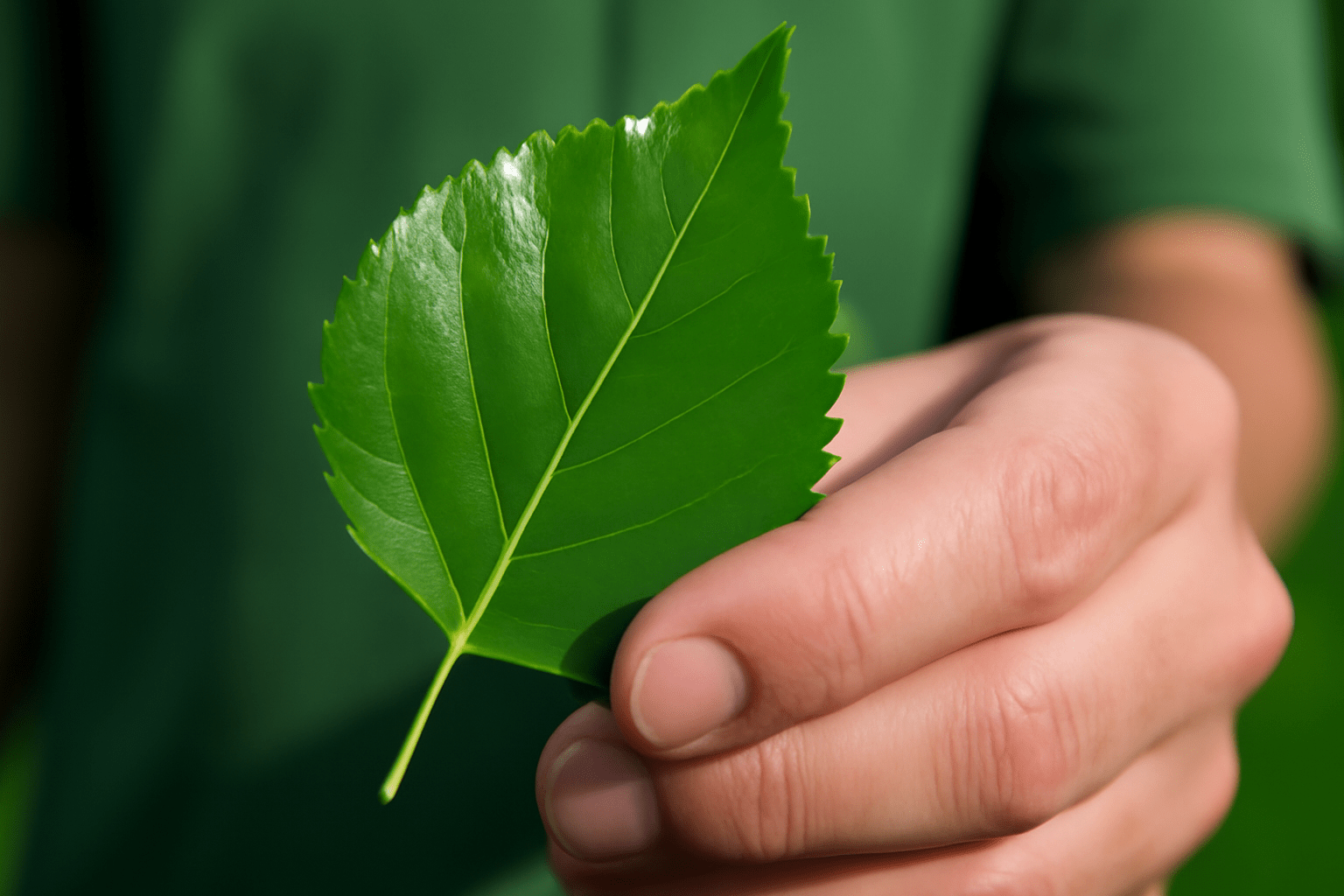 A person holds a vibrant green leaf, showcasing its detailed texture and sharp edges against a blurred green background.