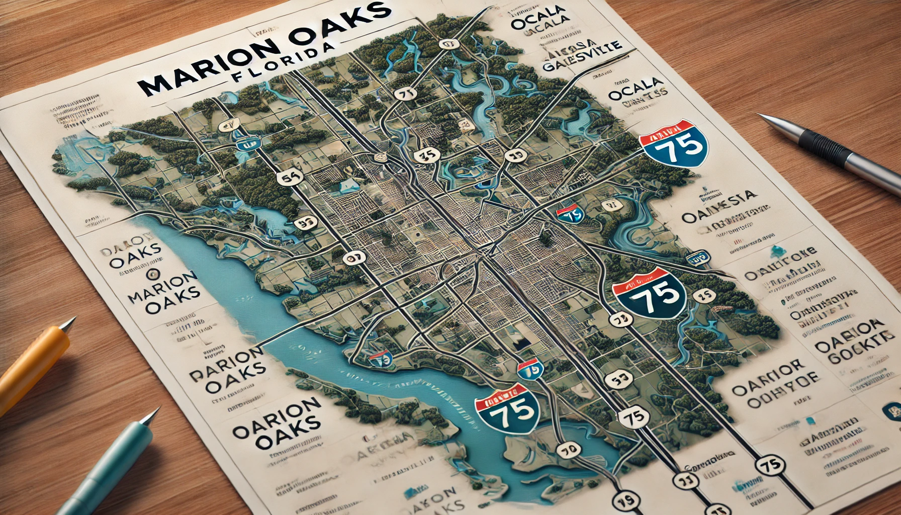 A detailed map of Marion Oaks, Florida, highlighting roads, waterways, and nearby towns, with visible routes including Interstate 75.