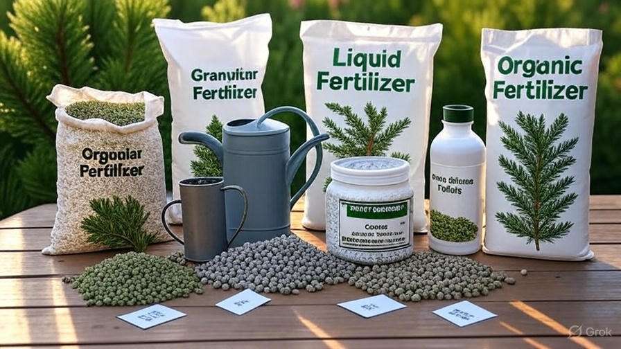 An assortment of fertilizers, including granular, liquid, and organic types, displayed with a watering can and seed samples on a wooden table.