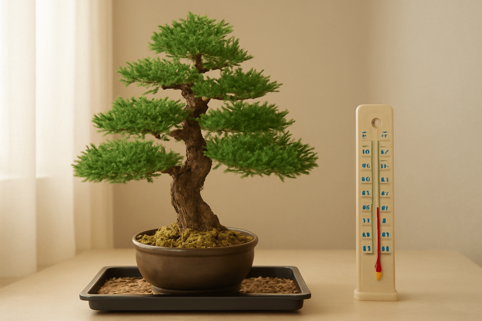 Indoor setting with a lush green bonsai tree in a pot on a table. A thermometer beside it shows moderate temperature, creating a calm tone.