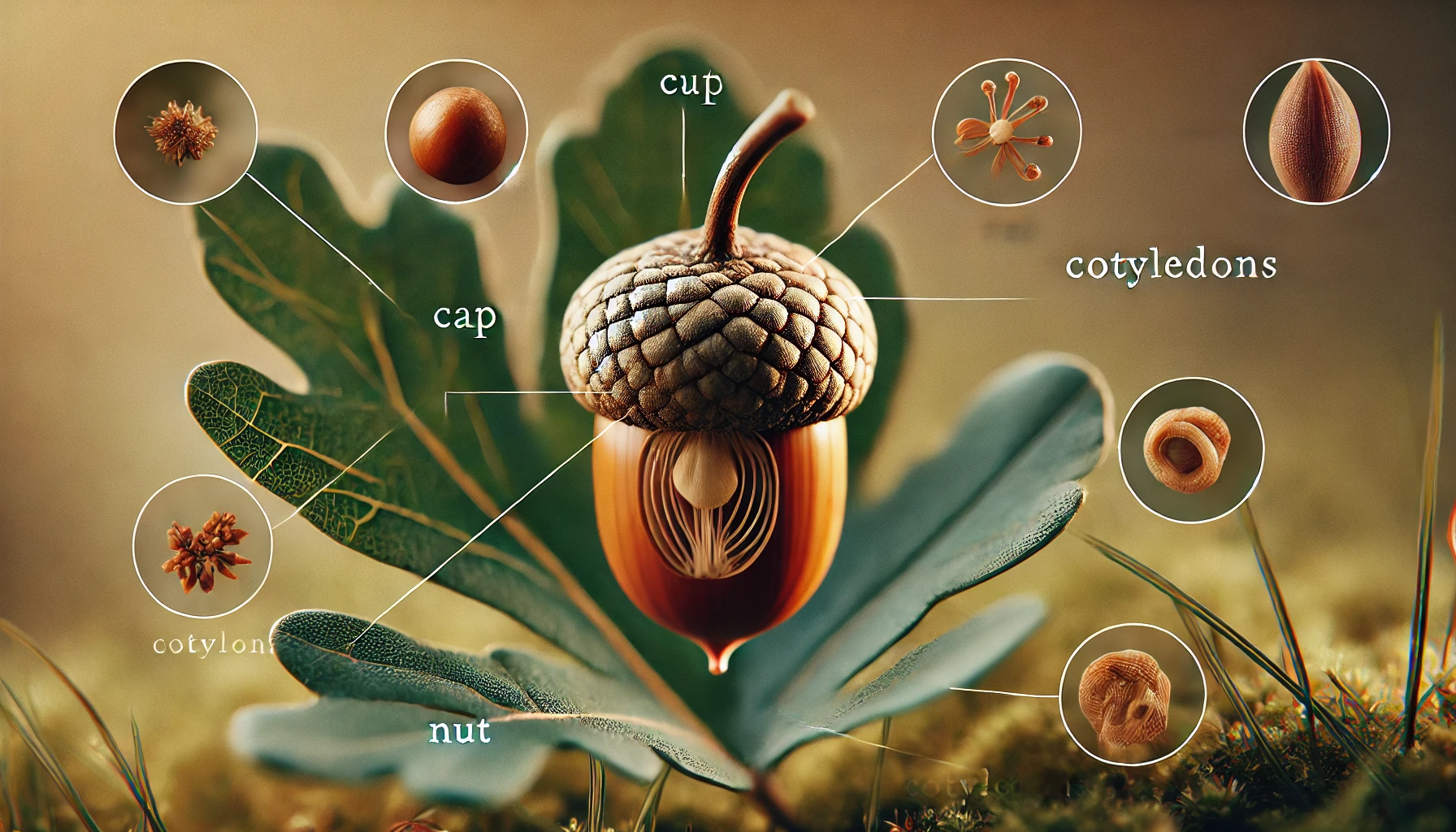 A detailed illustration of an acorn and leaf, labeled with parts: cap, cup, nut, cotyledons, and cotylon, showcasing plant anatomy.