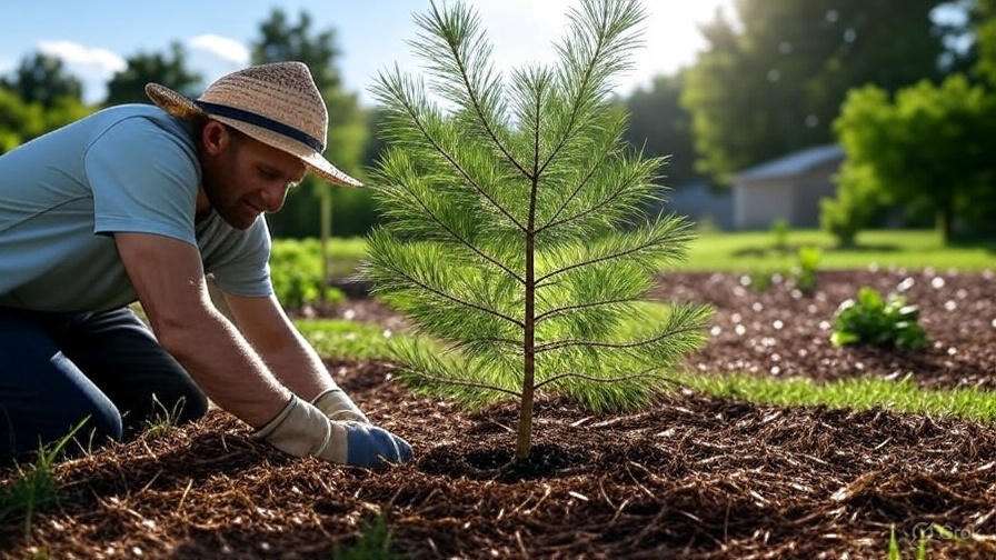A person in a straw hat plants a small pine tree surrounded by mulch in a sunlit garden, with green plants in the background.