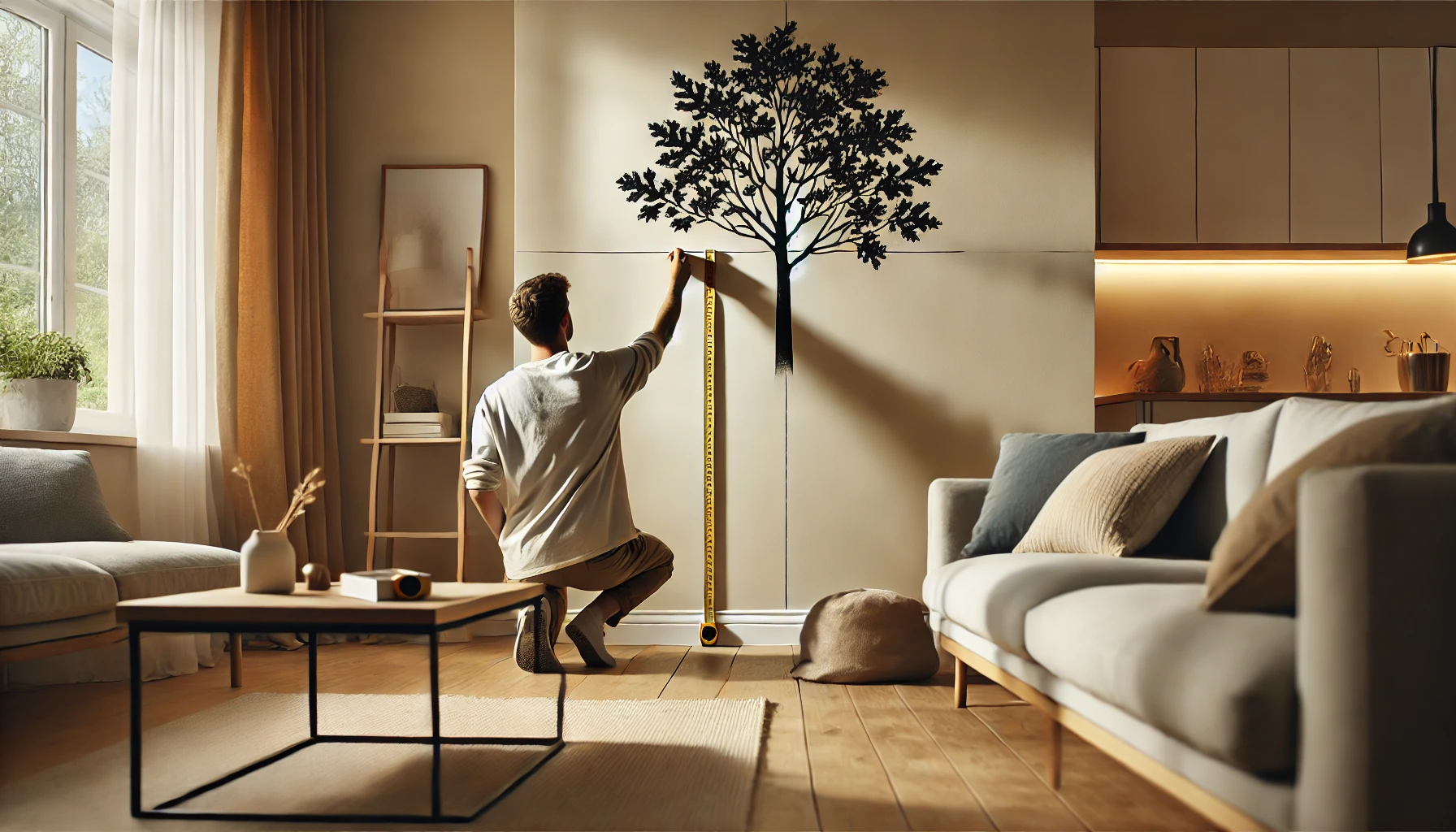 A man measures a wall in a cozy living room with a tree silhouette, preparing to decorate the space. Soft lighting enhances the atmosphere.