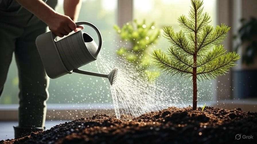 A person waters a young pine tree with a gray watering can, sunlight streaming through large windows in the background.