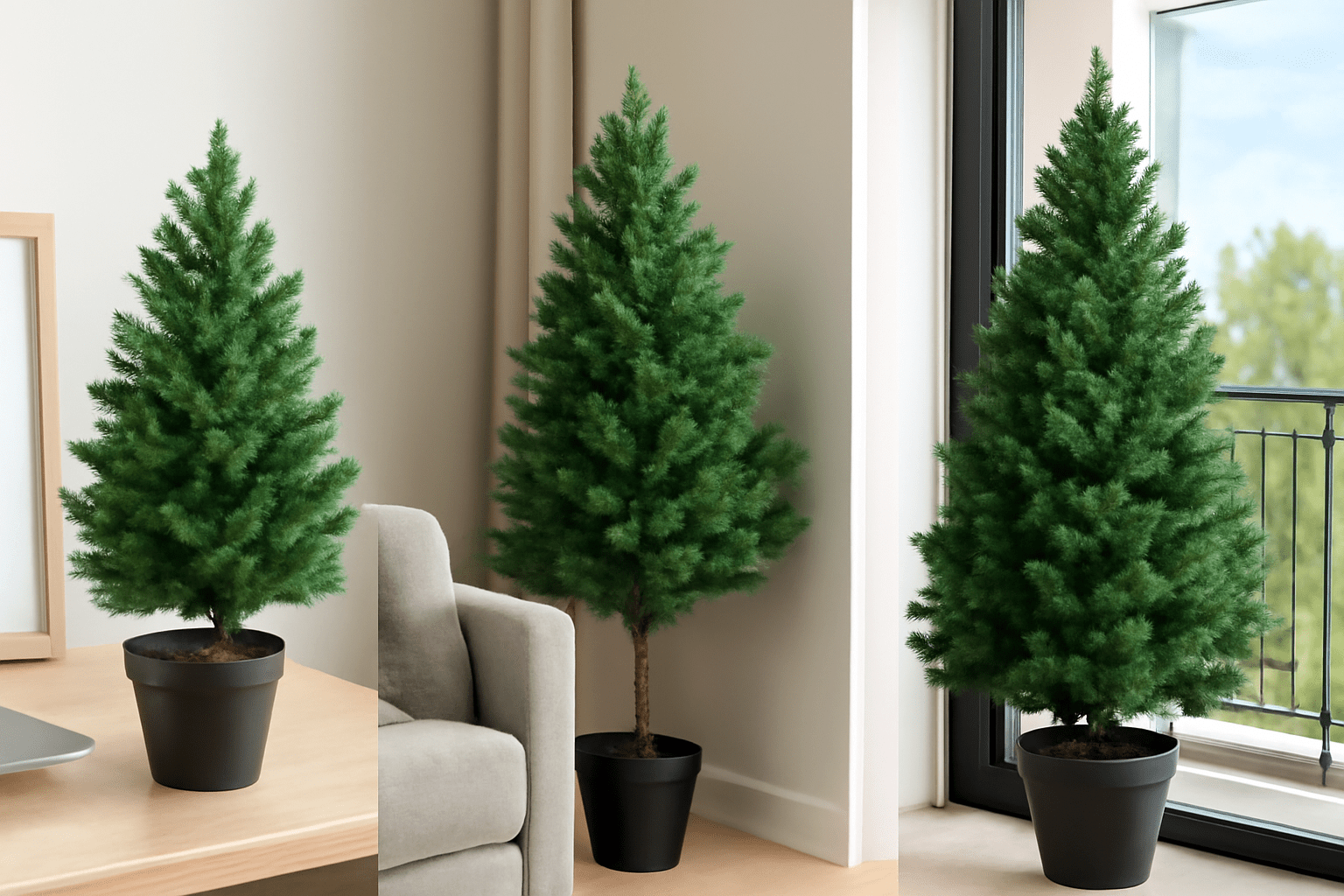 Three images show a small, potted evergreen tree in various settings. The tree is vibrant green in a black pot, placed on a tabletop, beside a sofa, and near a window railing. The tone is calm and natural.