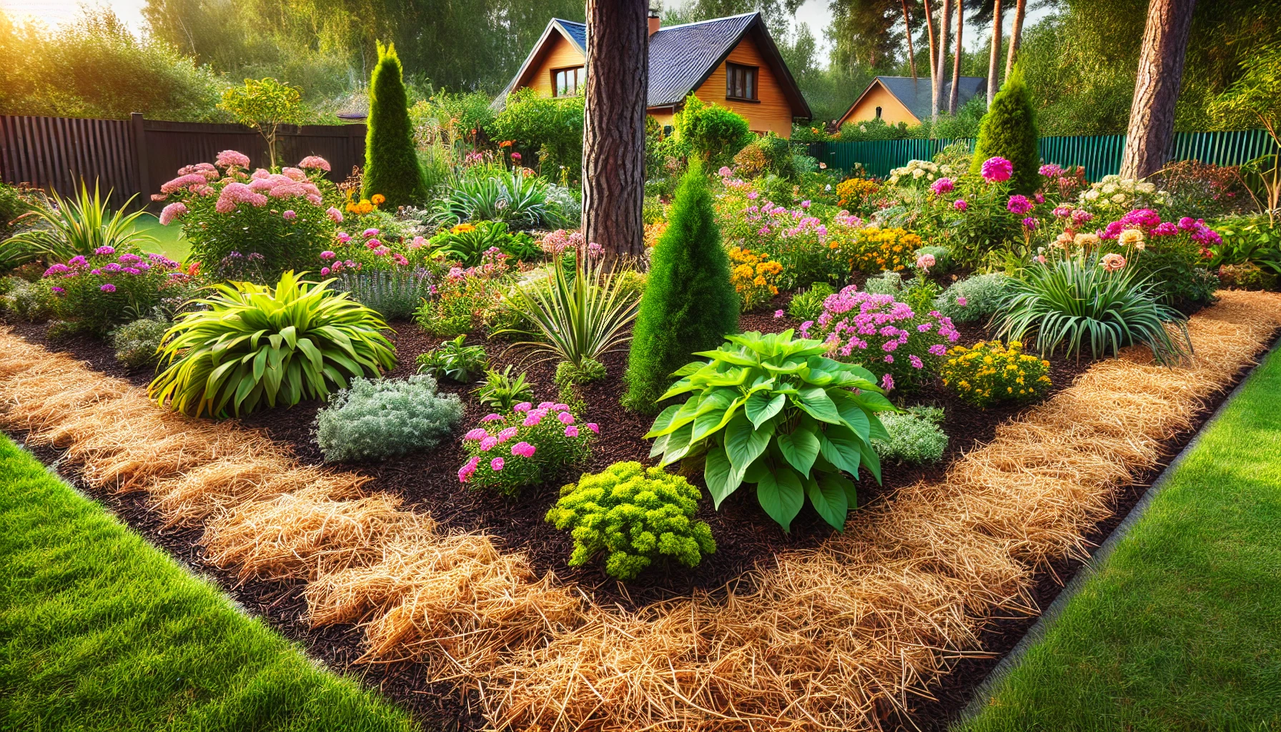 A vibrant garden filled with colorful flowers and lush greenery, bordered by straw mulch and rustic wooden fencing, with cozy houses in the background.
