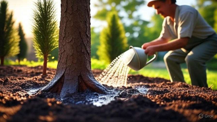 A person waters a young tree, with lush greenery and other saplings surrounding them in a sunlit garden.