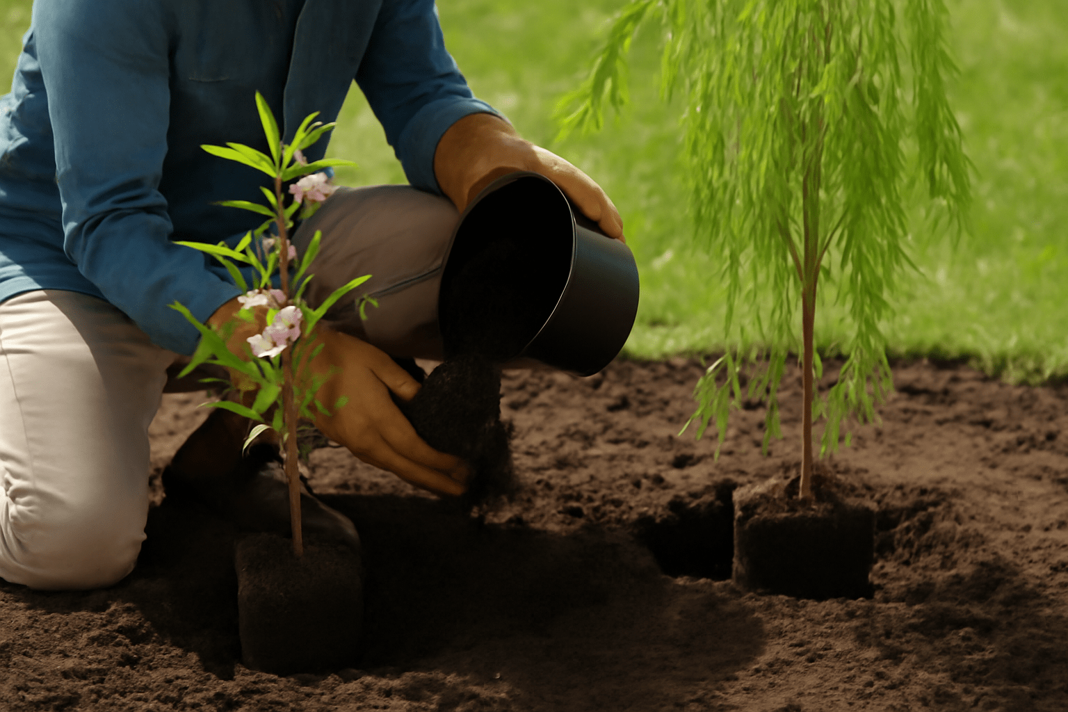 A person kneels in soil, planting two young trees while pouring soil from a black container into the planting hole.