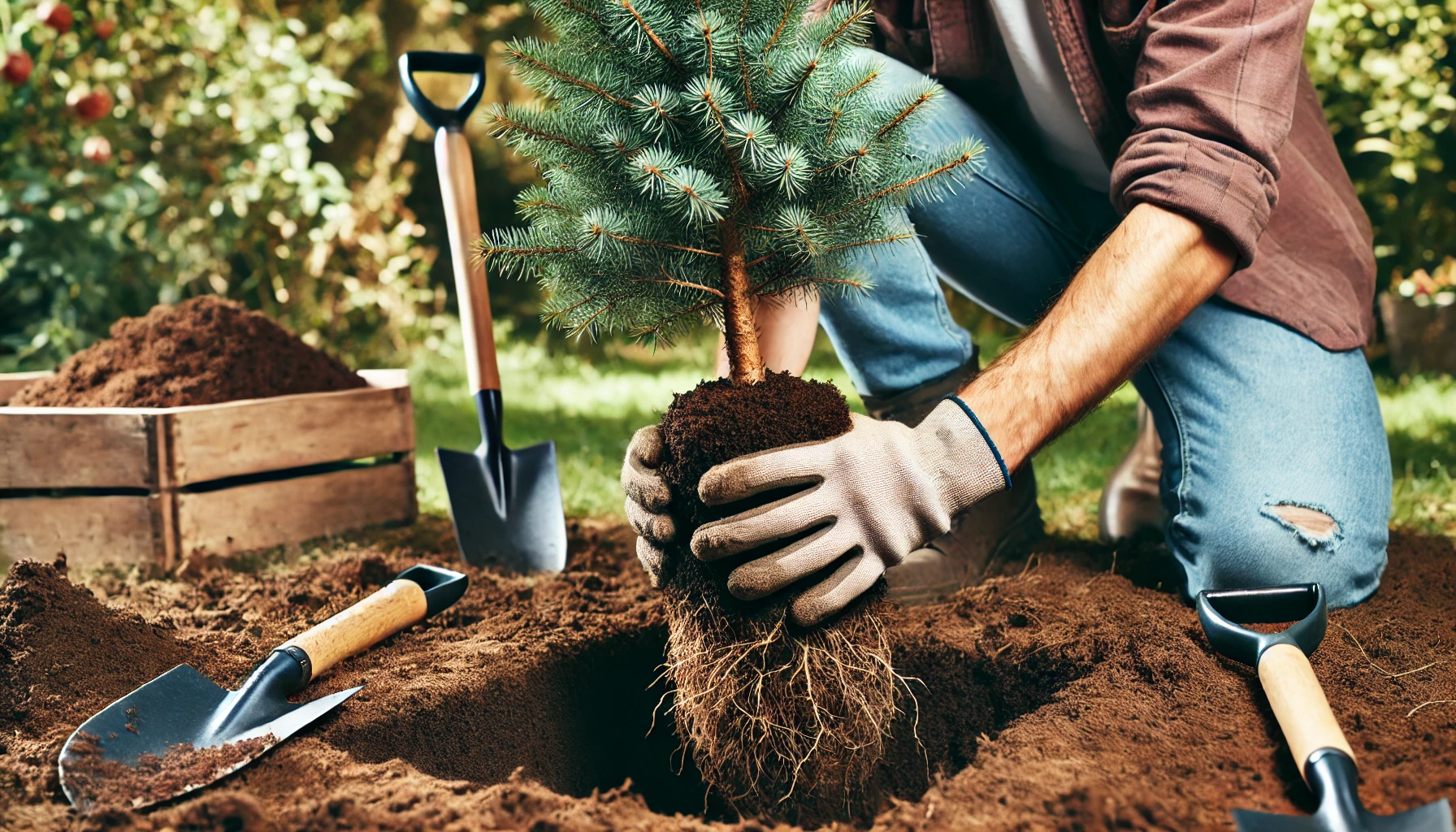 A gardener in gloves plants a small evergreen tree into a prepared hole, surrounded by soil and gardening tools in a green outdoor setting.