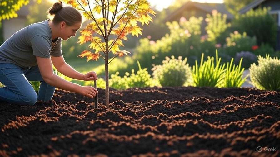 A person kneels in rich soil, carefully planting a young tree surrounded by vibrant greenery in a sunlit garden.