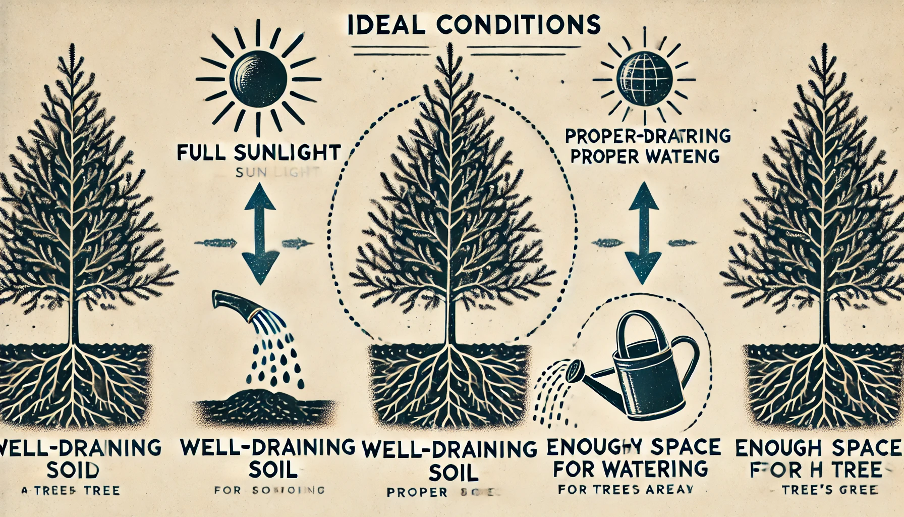 Infographic outlining ideal tree growth conditions: full sunlight, well-draining soil, proper watering, and adequate space for roots.