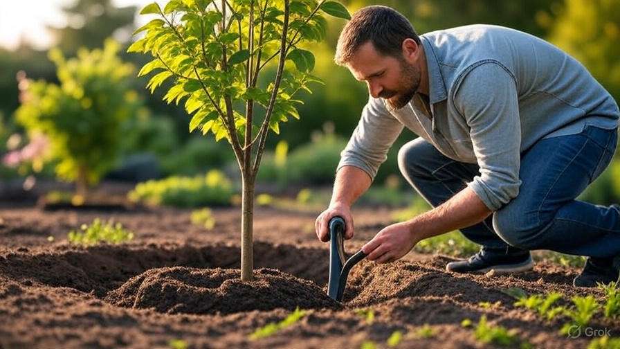 A person kneels beside a newly planted tree, using a tool to cultivate the soil in a sunlit garden setting.