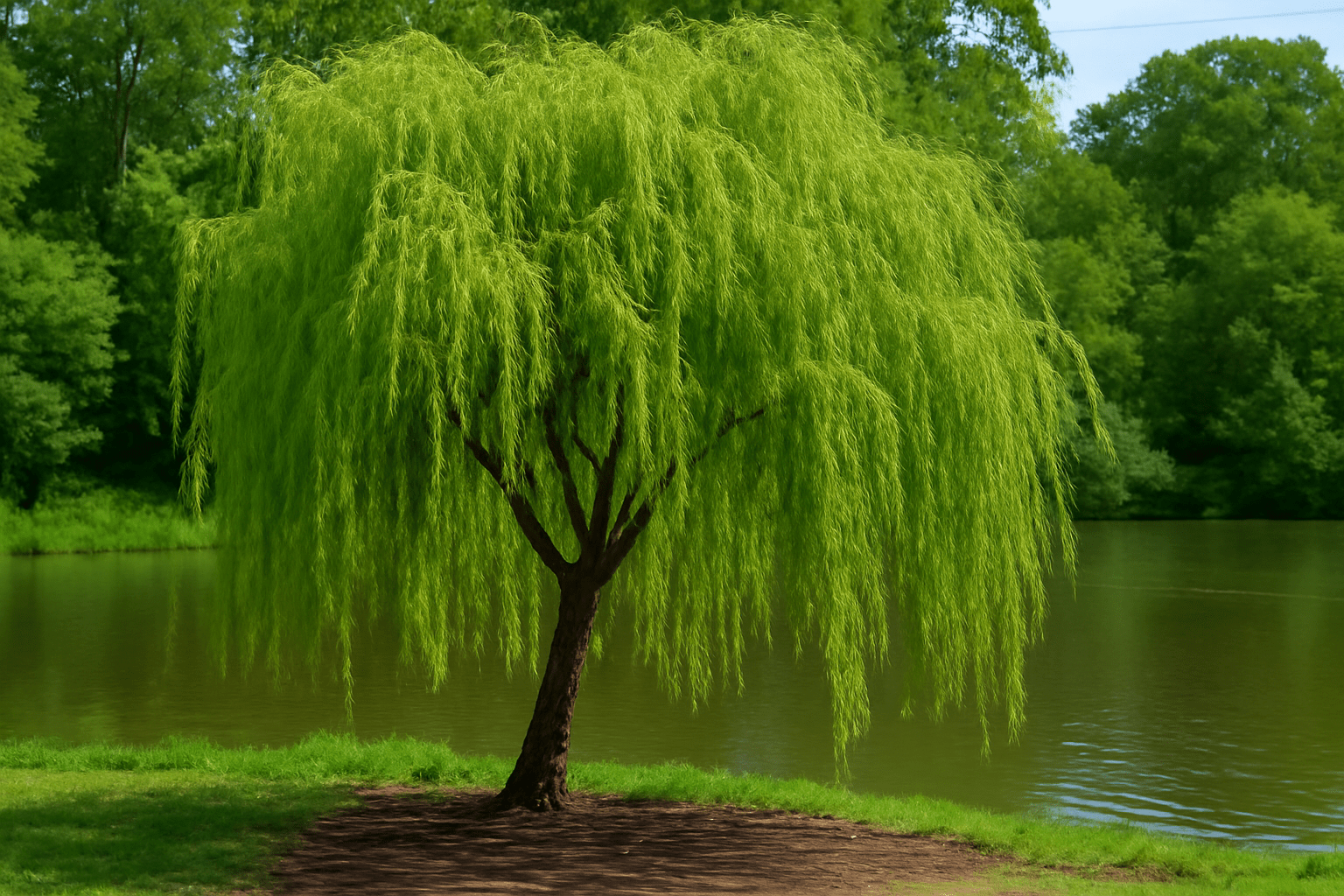 A serene willow tree with flowing green branches stands by a calm lake. Lush greenery surrounds, creating a peaceful and tranquil scene.