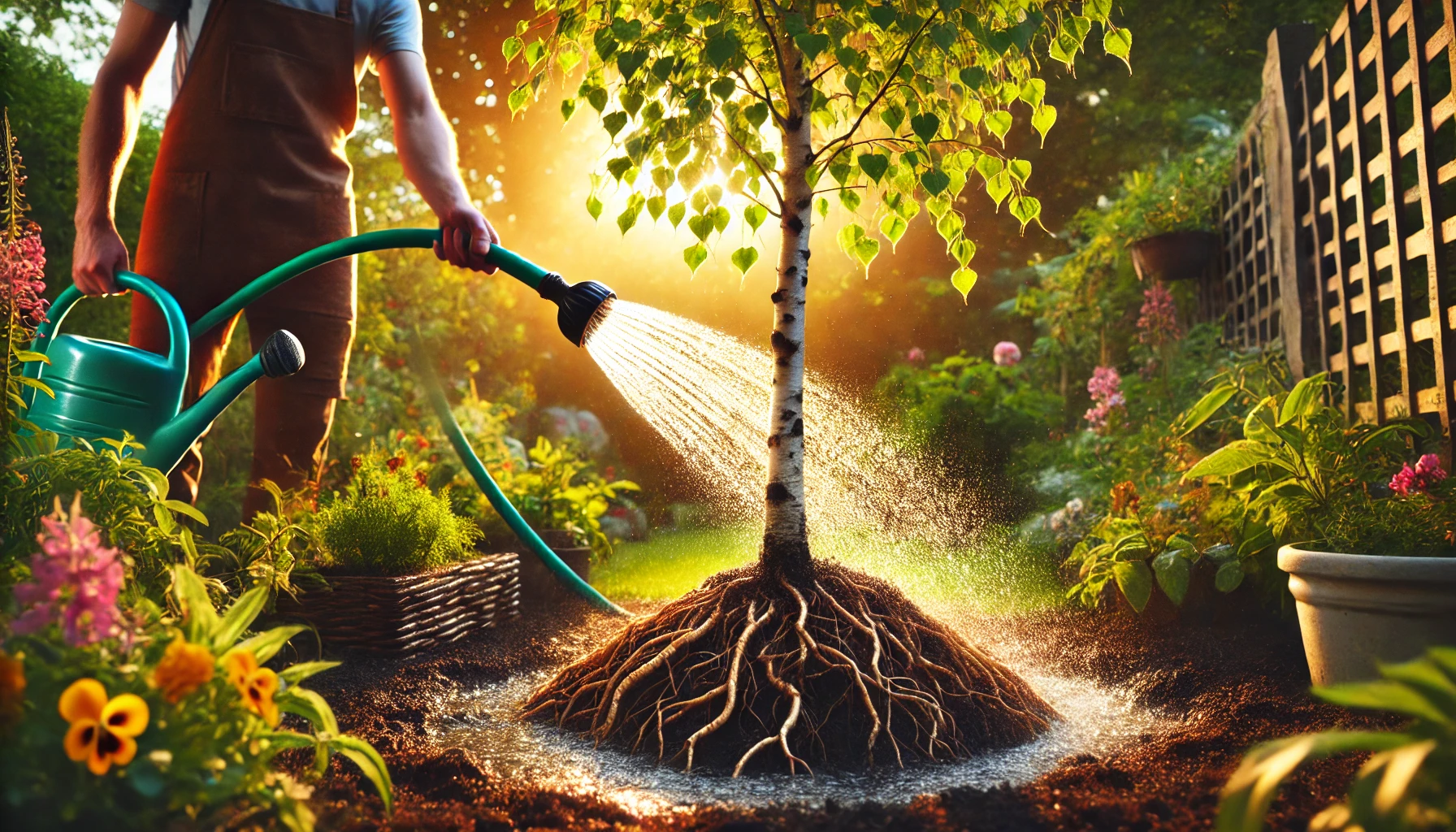 A person waters a young tree's roots with a green watering can, surrounded by vibrant flowers in a sunlit garden.