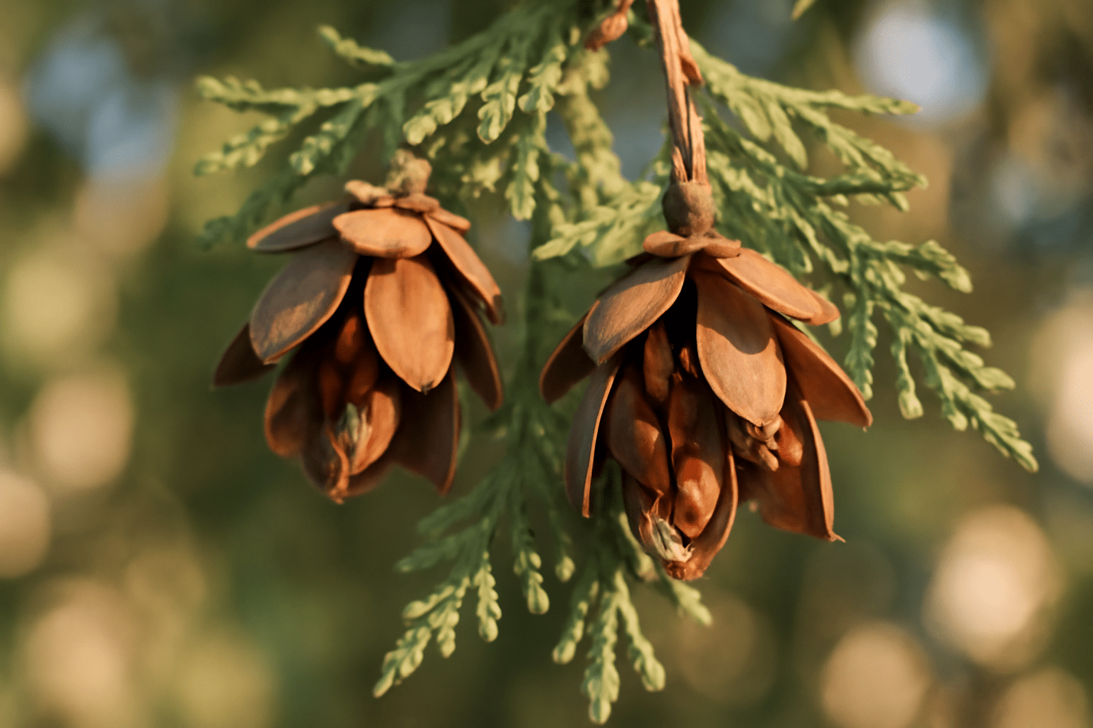 Two clusters of dried, brown seed pods hang from a green cedar branch, softly lit by warm sunlight, conveying an autumnal, serene mood.