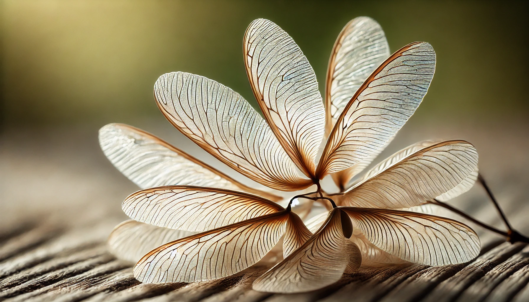 A close-up of delicate, translucent seed wings arranged like a flower, highlighting intricate vein patterns against a soft, blurred background.