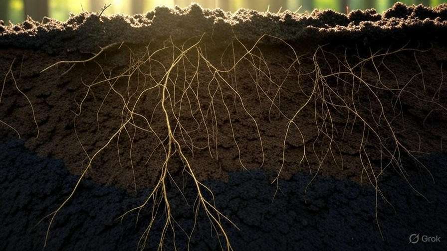 Close-up view of soil layers showcasing intricate roots intertwined within dark earth, illuminated by soft sunlight from above.