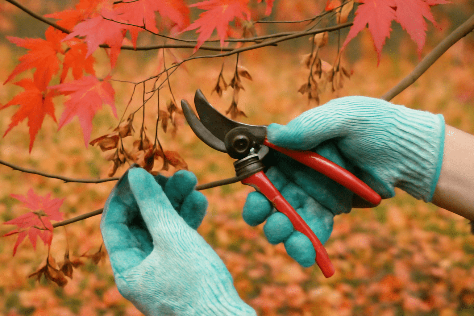 A person in teal gloves prunes a branch of an autumnal maple tree, surrounded by vibrant red and orange leaves.