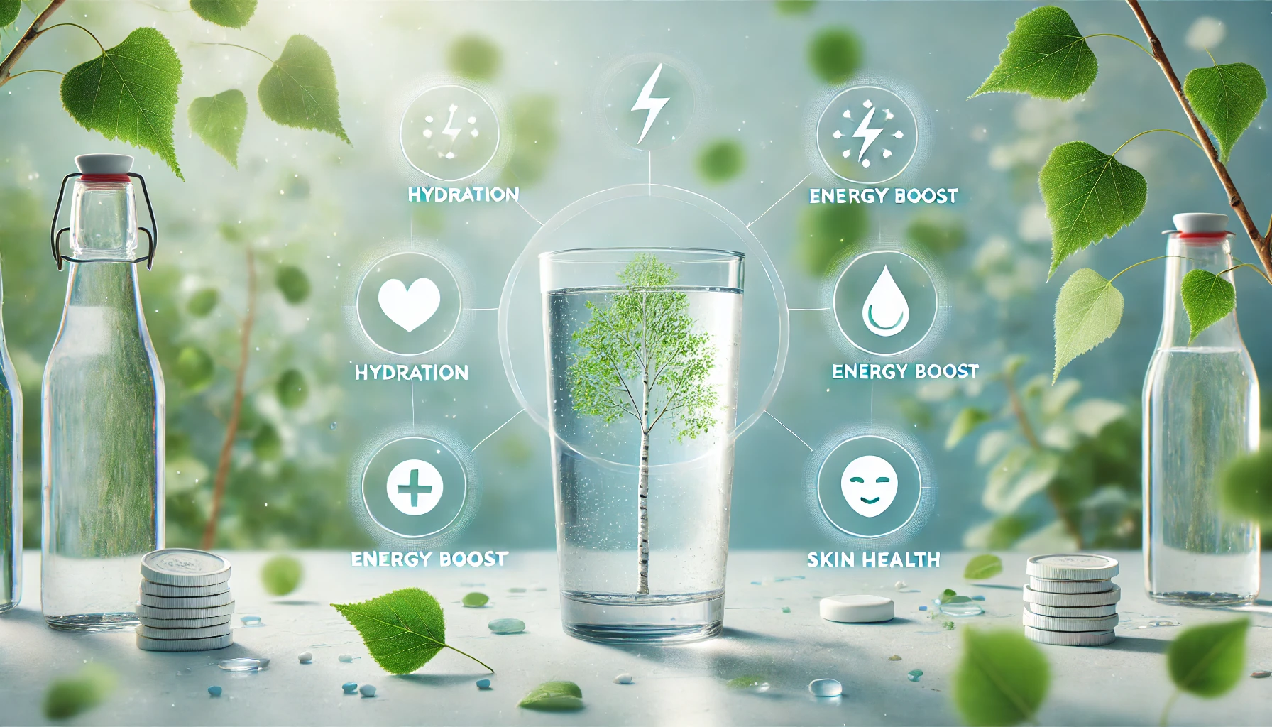 A glass of water with a tree inside, surrounded by icons illustrating benefits: hydration, energy boost, and skin health, on a serene background.