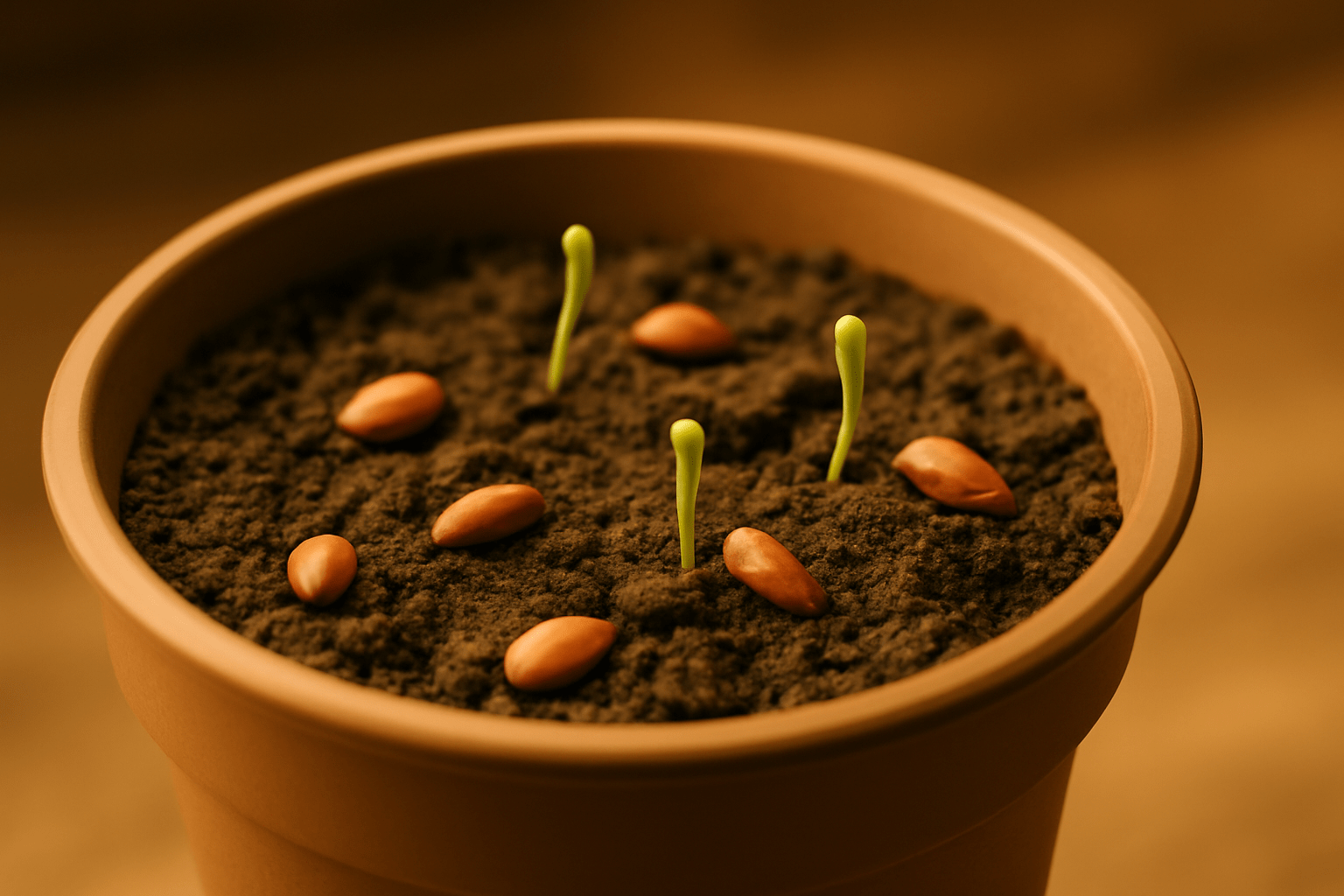 Close-up of a brown pot with dark soil, featuring several small green sprouts emerging alongside scattered seeds, conveying growth and new beginnings.