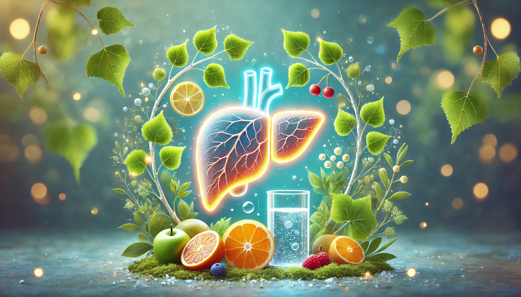 Vibrant illustration of lungs surrounded by fresh fruits and greenery, symbolizing health and vitality amidst a glowing background.
