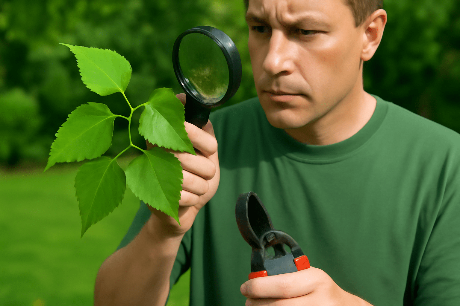 A person in a green shirt holds a magnifying glass and shears, examining a cluster of vibrant green leaves outdoors.