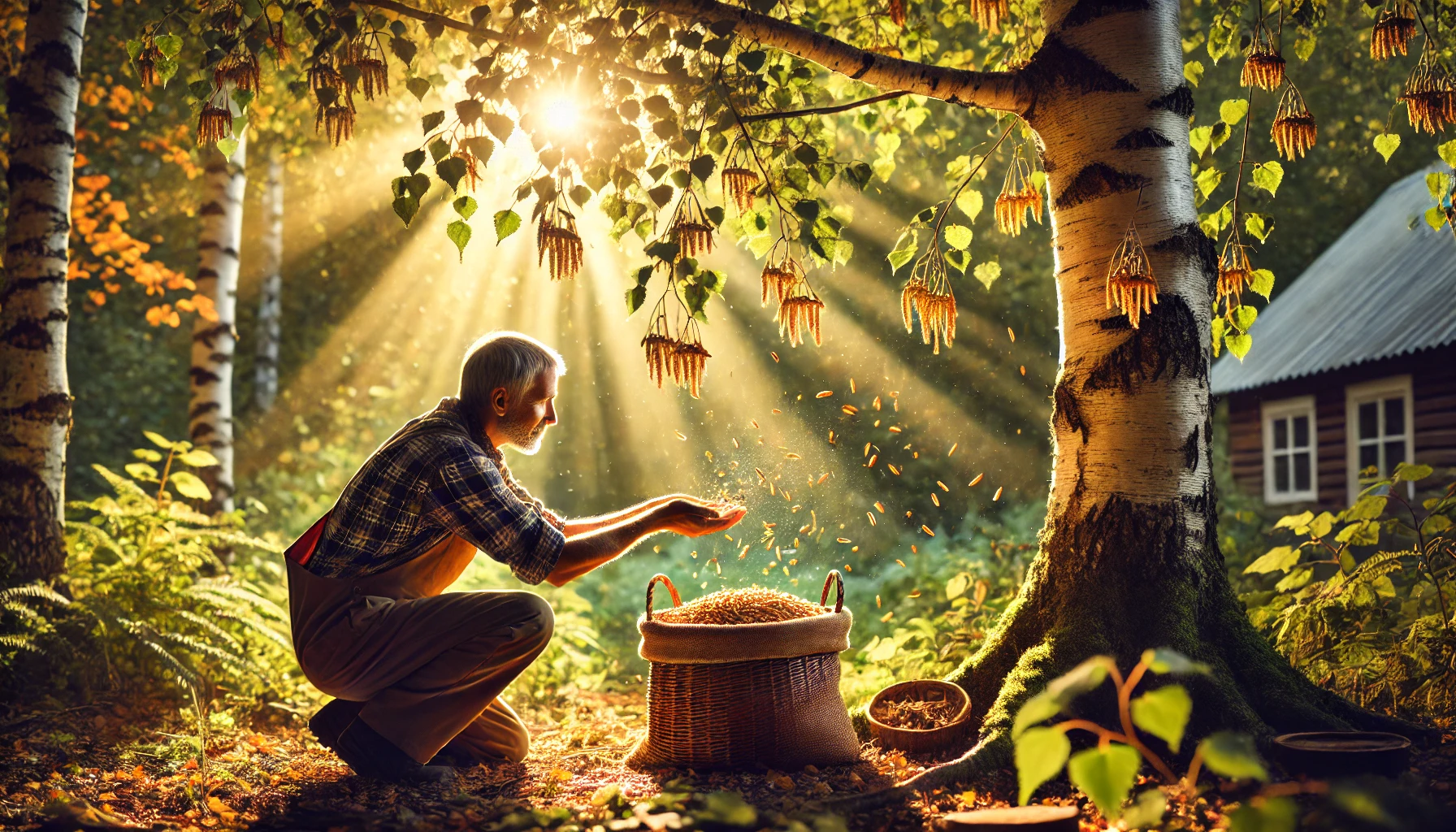 A man kneels beside a basket of seeds, releasing them into the sunlight filtering through trees in a serene forest setting.