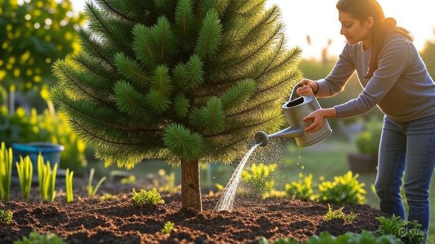 A person waters a lush green tree in a garden, surrounded by vibrant plants and soft sunlight filtering through.