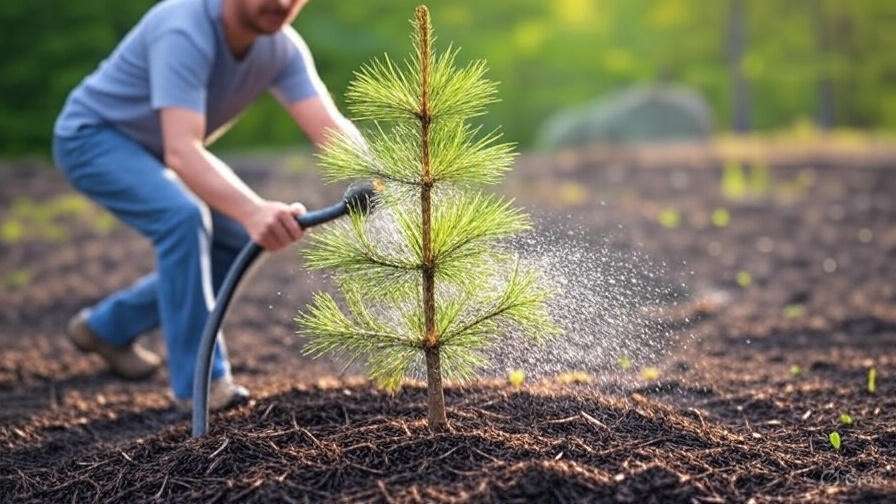 A man waters a young pine tree in a sunny garden, surrounded by freshly mulched soil and sprouting seedlings.