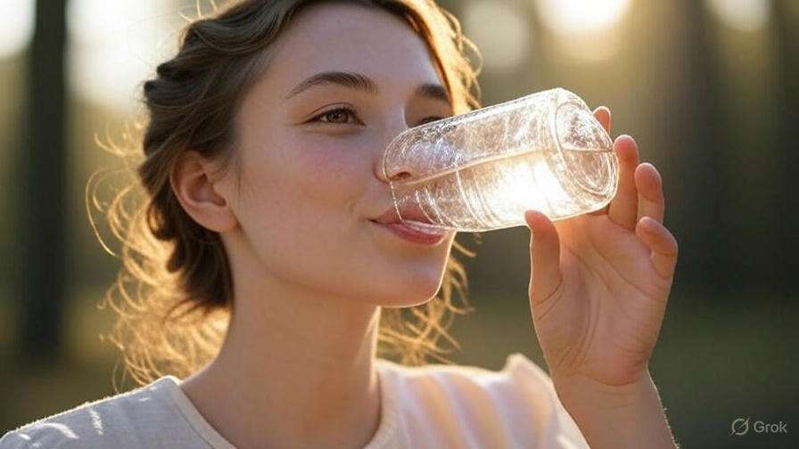 A person in a soft-focus background holds a clear glass jar, sipping water, with sunlight softly illuminating the scene.