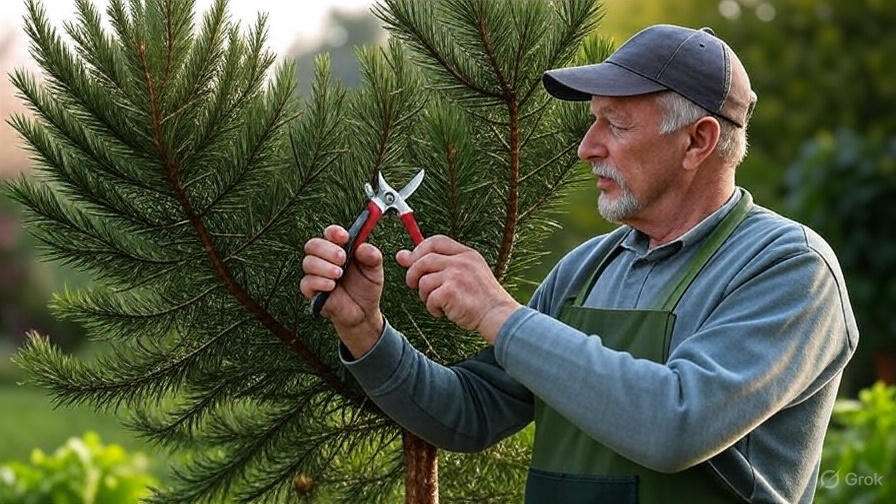 A gardener in casual attire trims a healthy pine tree with pruning shears, surrounded by lush greenery.