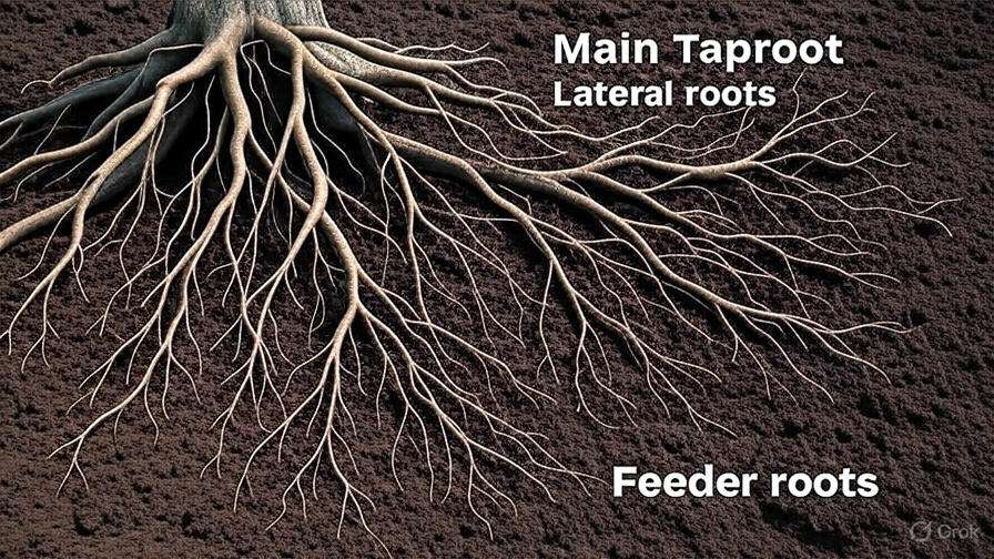 Illustration of a tree's root system, highlighting the main taproot, lateral roots, and feeder roots against dark soil.