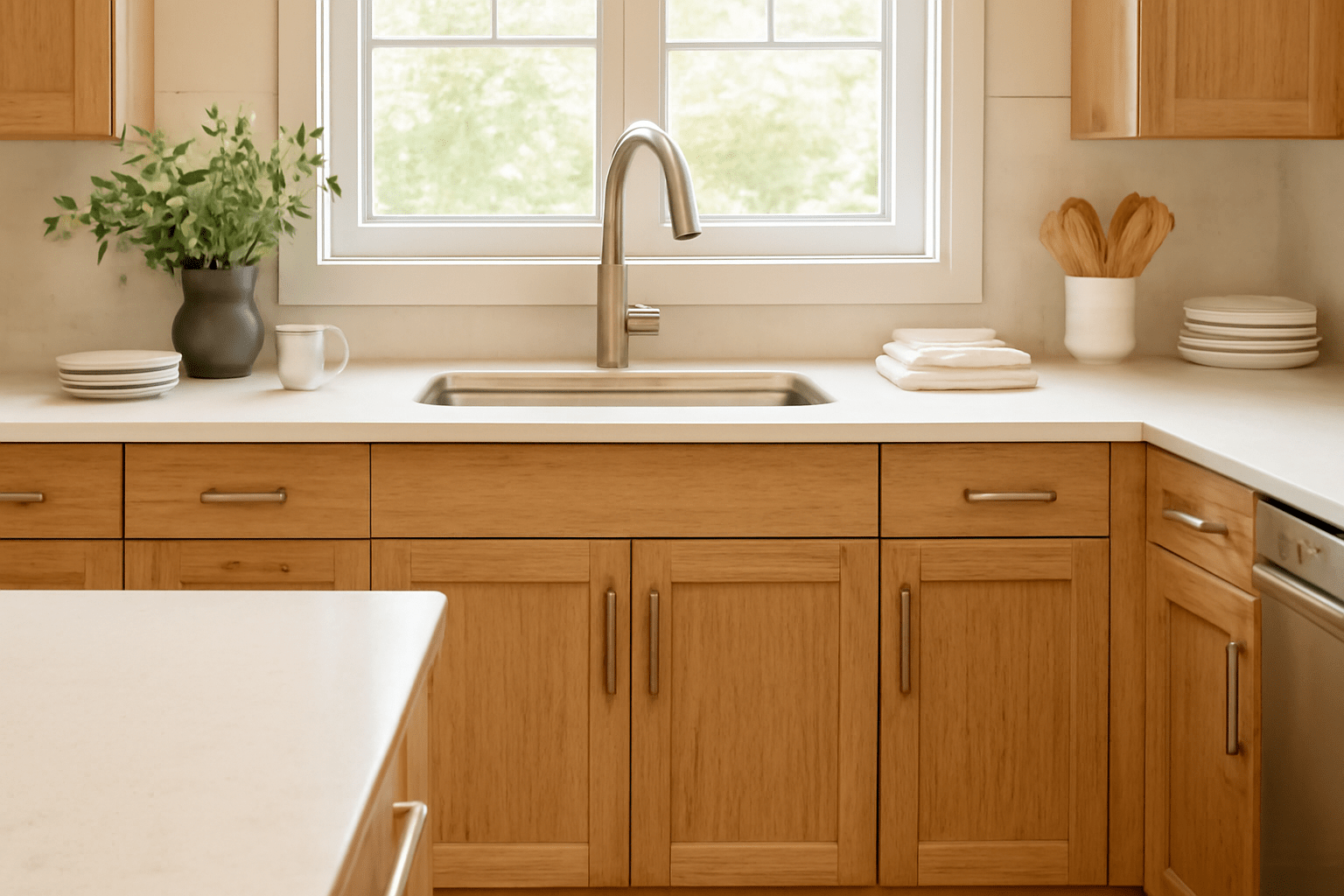 A modern kitchen featuring a stainless steel sink, wooden cabinets, white countertop, green plant, and plates by a large window.