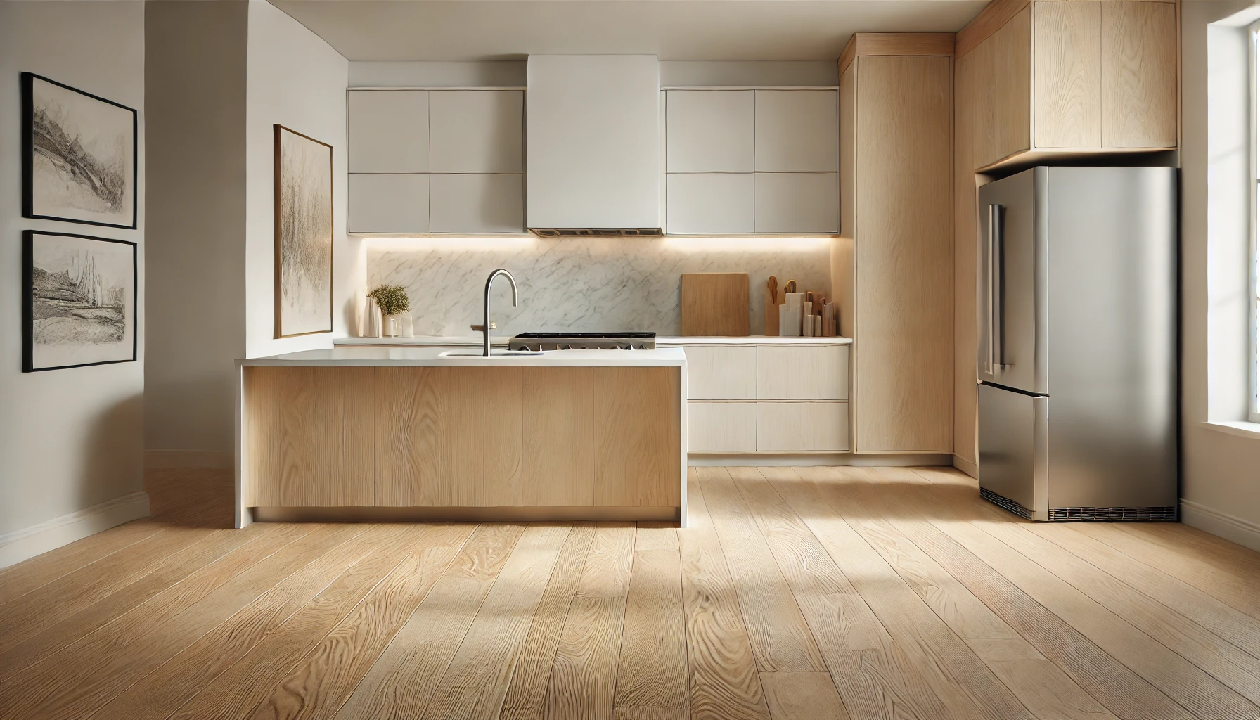 Modern kitchen featuring light wood cabinetry, sleek stainless steel appliances, and a marble backsplash with soft ambient lighting.