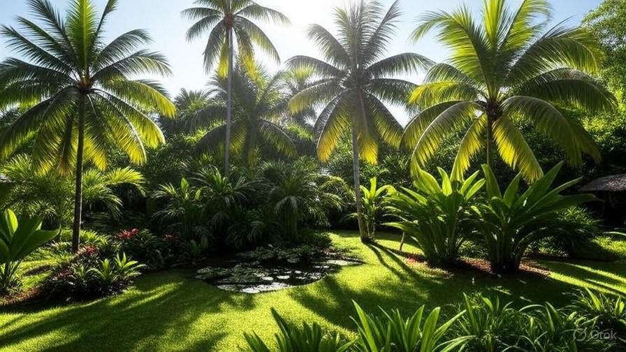 Vibrant tropical garden showcasing palm trees and a peaceful pond adorned with colorful water lilies.