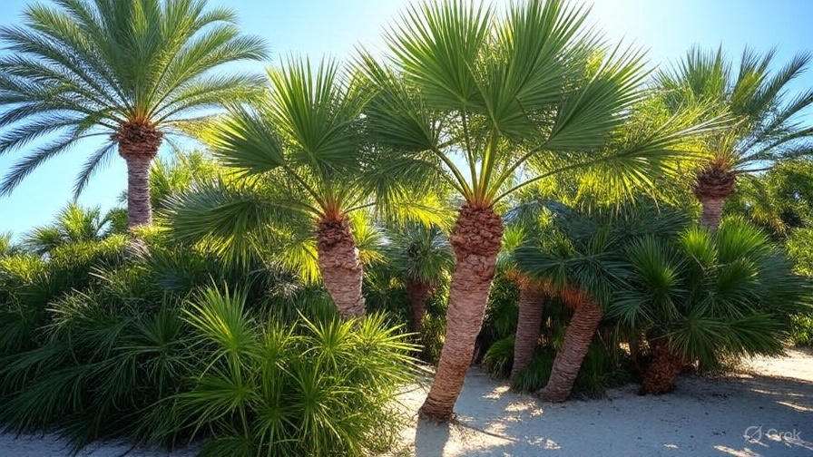 Vibrant palm trees rise above the sandy beach, creating a tropical atmosphere.