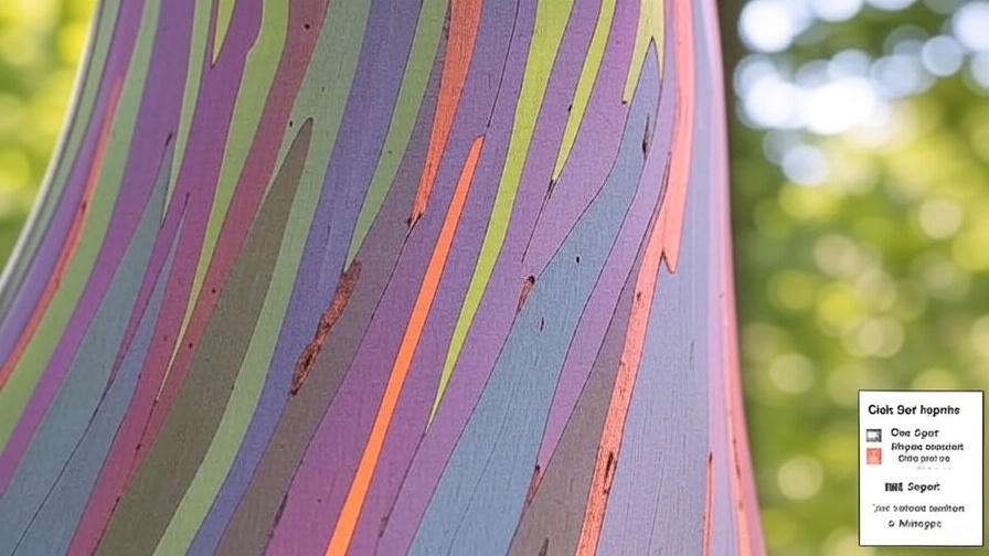 A close-up image of a tree showcasing its bark adorned with vivid, multicolored stripes.