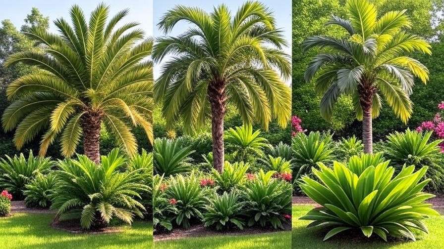 A garden featuring four different species of palm trees, each displaying unique foliage and height