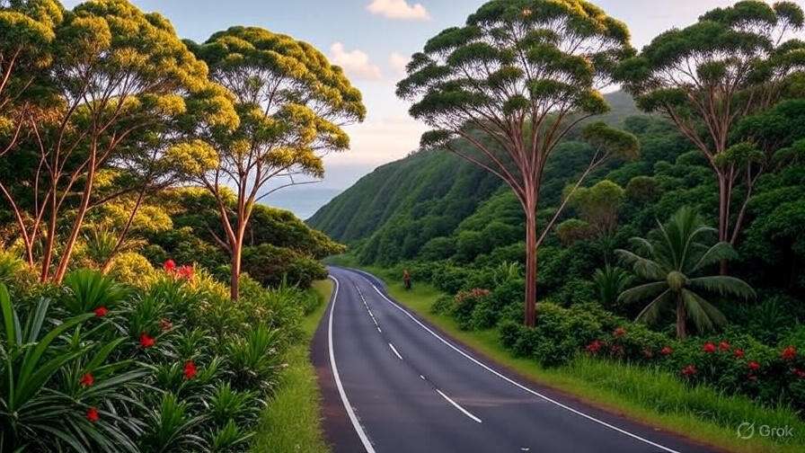 A scenic road lined with vibrant green trees and colorful flowers, creating a serene natural pathway.