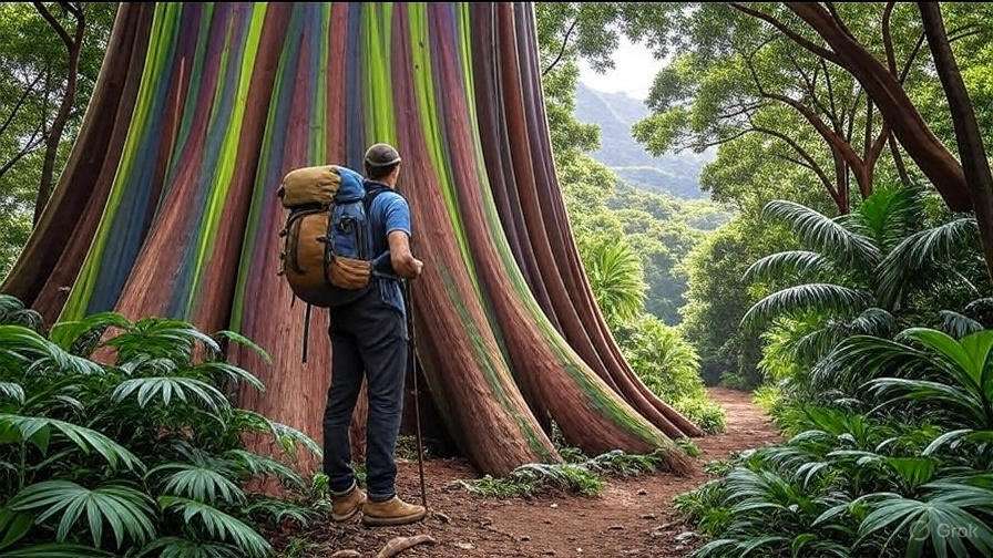  A man is positioned next to a giant tree, emphasizing the tree's vastness in a serene outdoor environment.