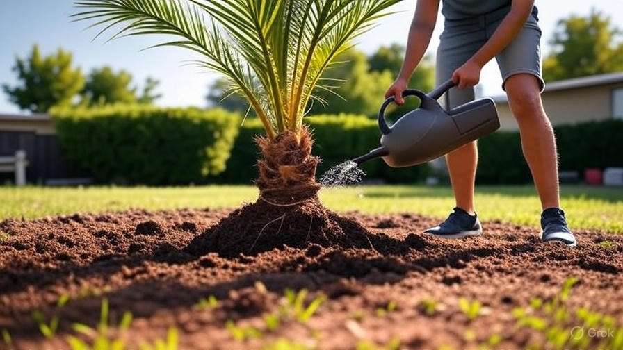 A man watering a palm tree in his garden, with lush greenery and a clear sky in the background.