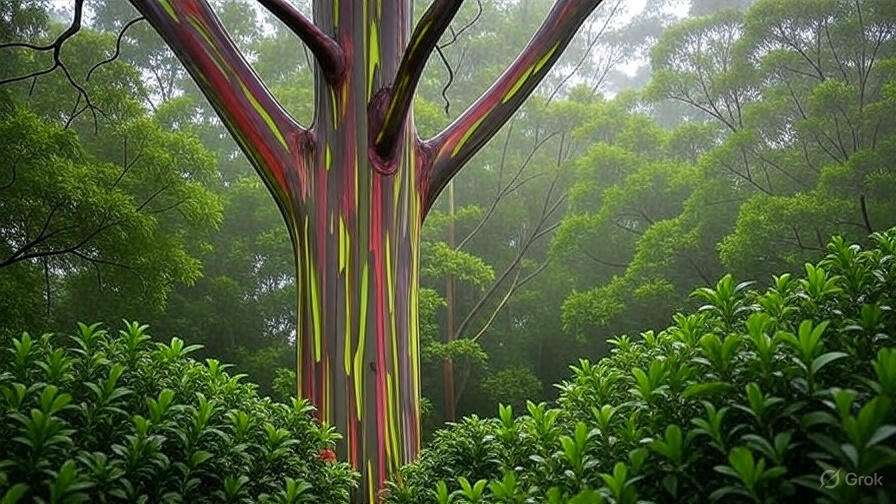 A vibrant rainbow-colored tree stands tall amidst a lush green forest, showcasing a spectrum of colors against the foliage.