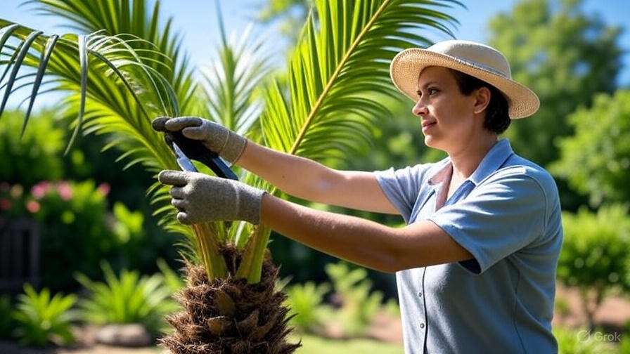  A woman wearing a hat and blue shirt trims a palm tree, focusing on the fronds with pruning shears.