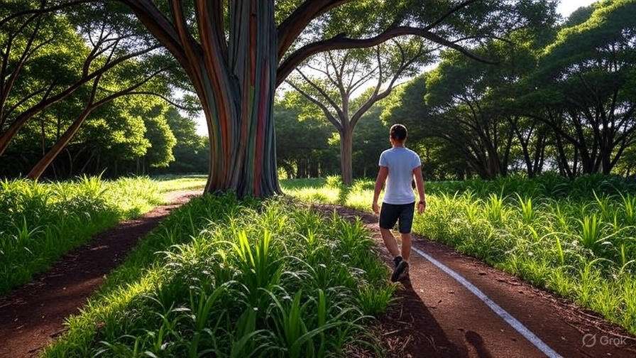 A man strolls down a serene path in a dense, green forest, with sunlight filtering through the leaves above.