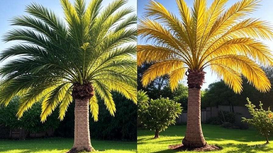 Two separate pictures of palm trees in a shared yard, illustrating the diversity of their foliage and arrangement.