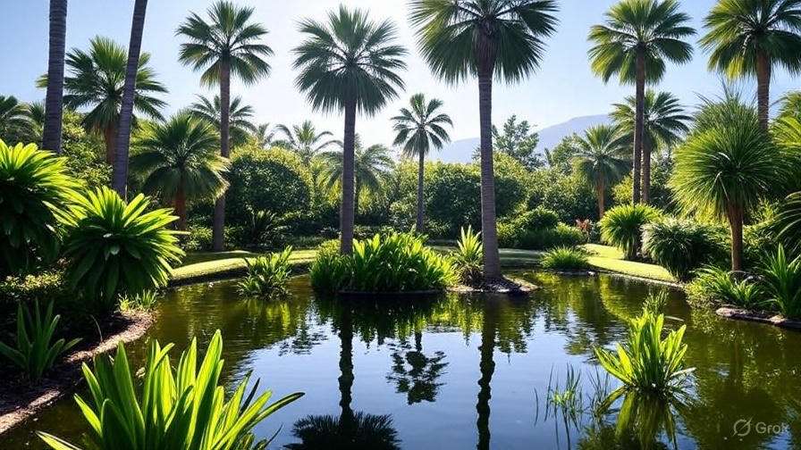 Lush green palm trees swaying gently in a vibrant garden setting under clear blue skies.