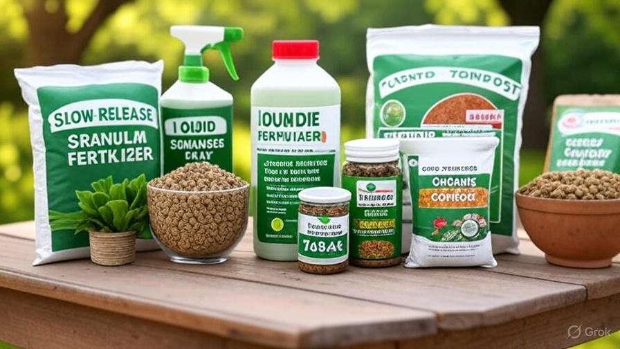 A variety of gardening products displayed on a wooden table, including fertilizers, plant food, and soil enhancers in green packaging.