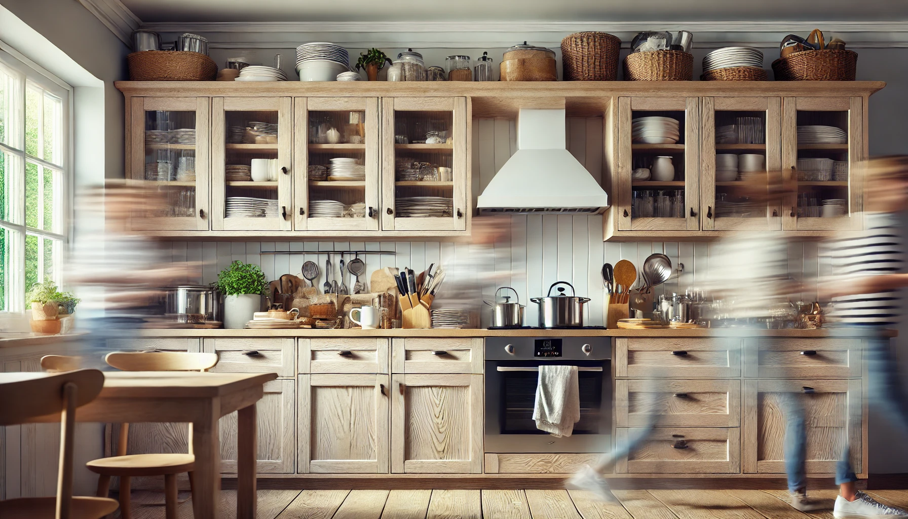 A bright, modern kitchen with wooden cabinets and countertops, showcasing motion blur of two people preparing food.