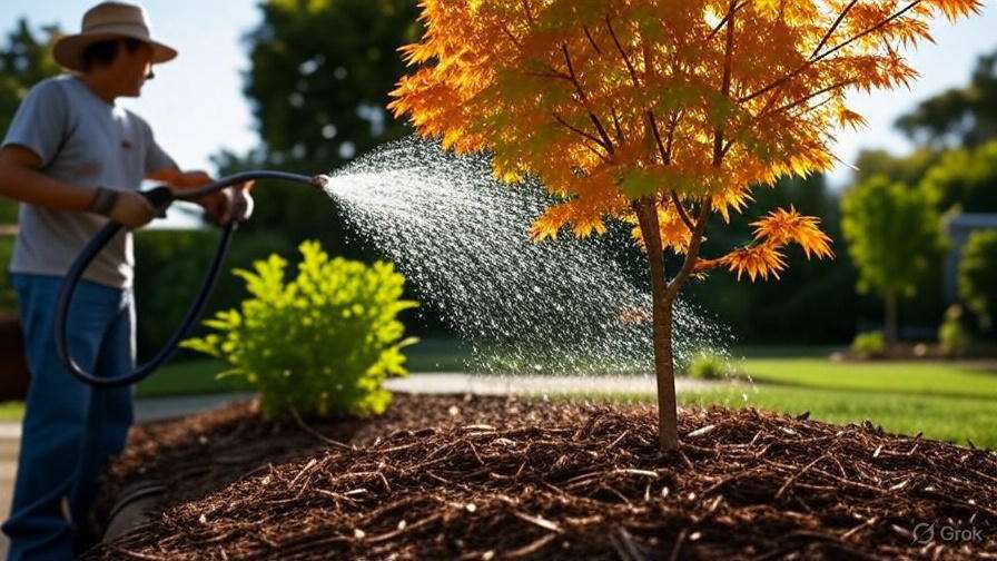 A person waters a vibrant orange tree with a hose, set in a lush garden with green plants and mulch under bright sunlight.