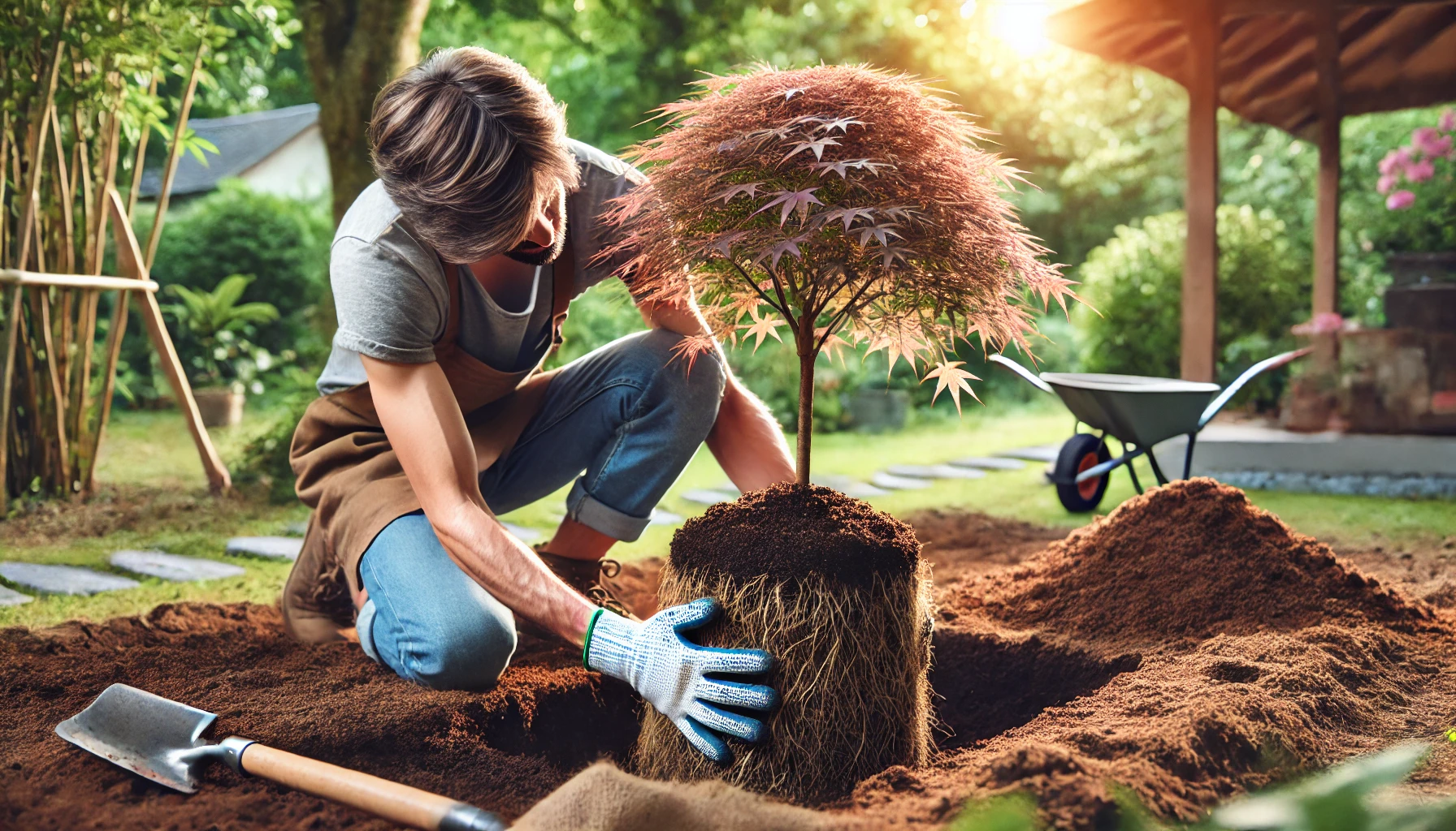 A person in an apron plants a young maple tree in a garden, surrounded by soil, tools, and lush greenery under warm sunlight.